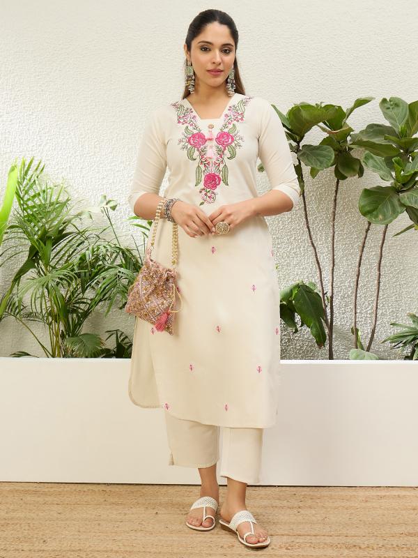 VP 9868 O Women’s Khadi Cotton Kurta Pant Set with Floral Thread Embroidery | 2 Pcs Ethnic Set